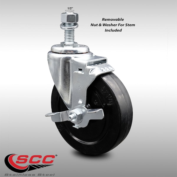 5 Inch SS Soft Rubber Wheel Swivel 1/2 Inch Threaded Stem Caster with Brake SCC